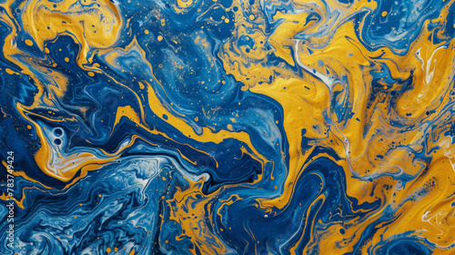 Blue and yellow paint swirls on a textured background.