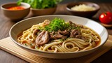  Delicious noodle dish with succulent meat and fresh herbs