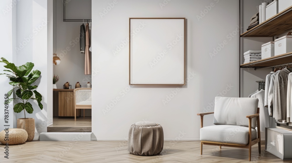 Fototapeta premium Framed mockup, ISO paper size A. Cabinet wall poster mockup. Interior mockup with house background.