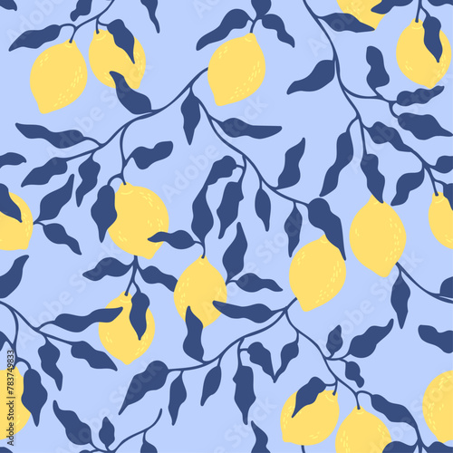Seamless pattern with lemons on blue background