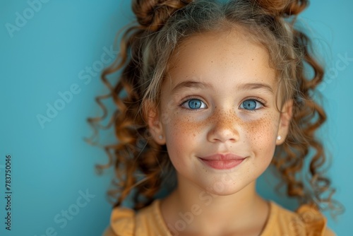 A young curly-haired girl with engaging green eyes and a delightful smile against a serene blue background