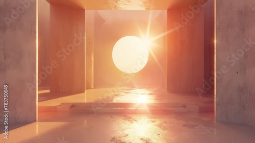 Modern archway with sunlight reflecting on water