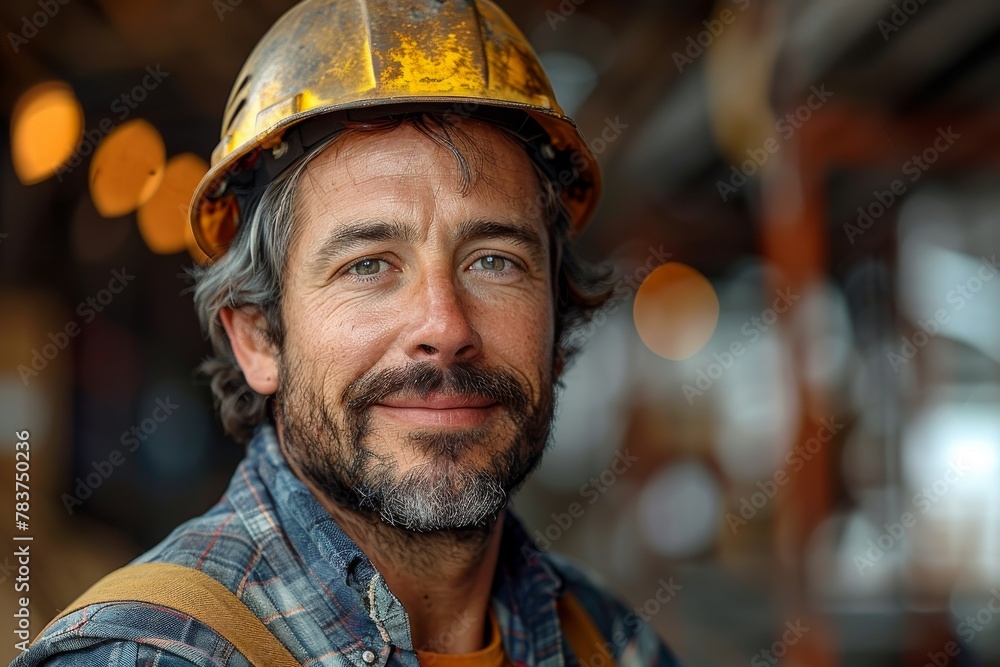 Rugged male worker in a construction site wearing a hard hat and a flannel shirt Rugged male worker in a construction site wearing a hard hat and a flannel shirt
