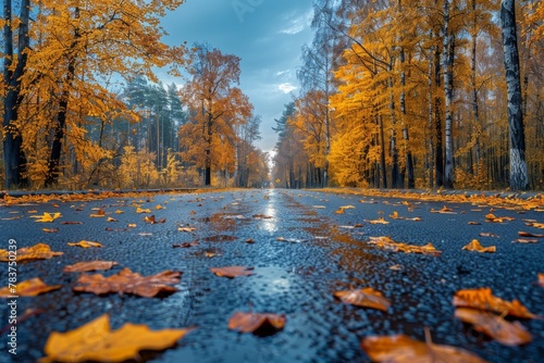 A picturesque scene of a wet forest road covered with fallen autumn leaves and trees displaying vibrant fall colors