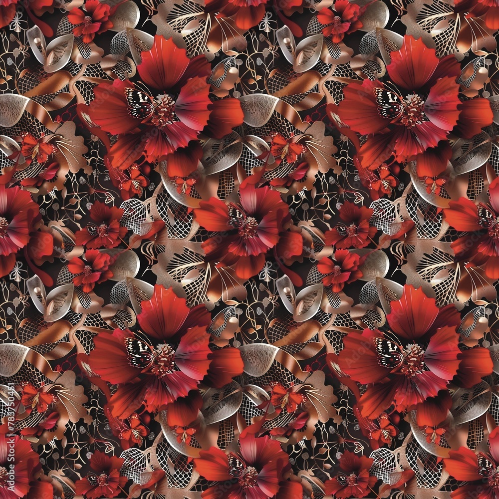Naklejka premium Red lace pattern butterfly flower seamless background arts and crafts fashion design textile background wallpaper summer vintage