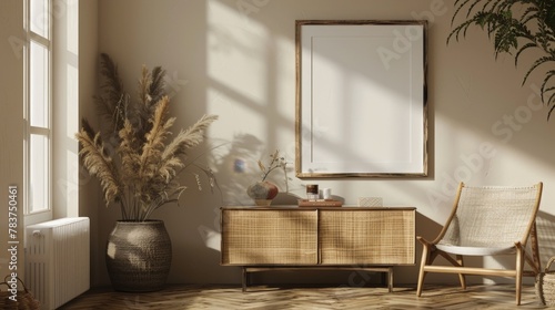 Cozy  well-lit room with a stylish wooden cabinet  woven chair  decorative plants  and an elegant frame on the wall. Sunlight casts beautiful shadows.