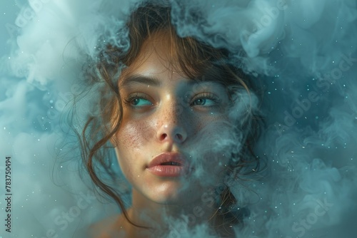 Alluring portrait of a woman surrounded by dreamy smoke creating a mystical and ethereal effect