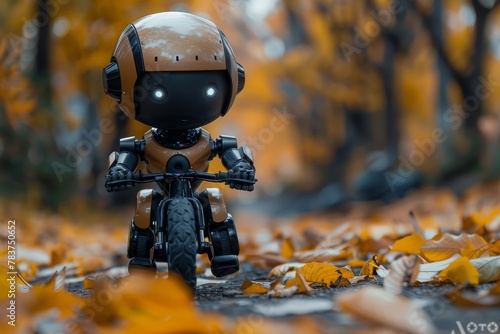 A small, futuristic robotic figure riding a miniature motorcycle amidst fallen leaves of an autumn backdrop