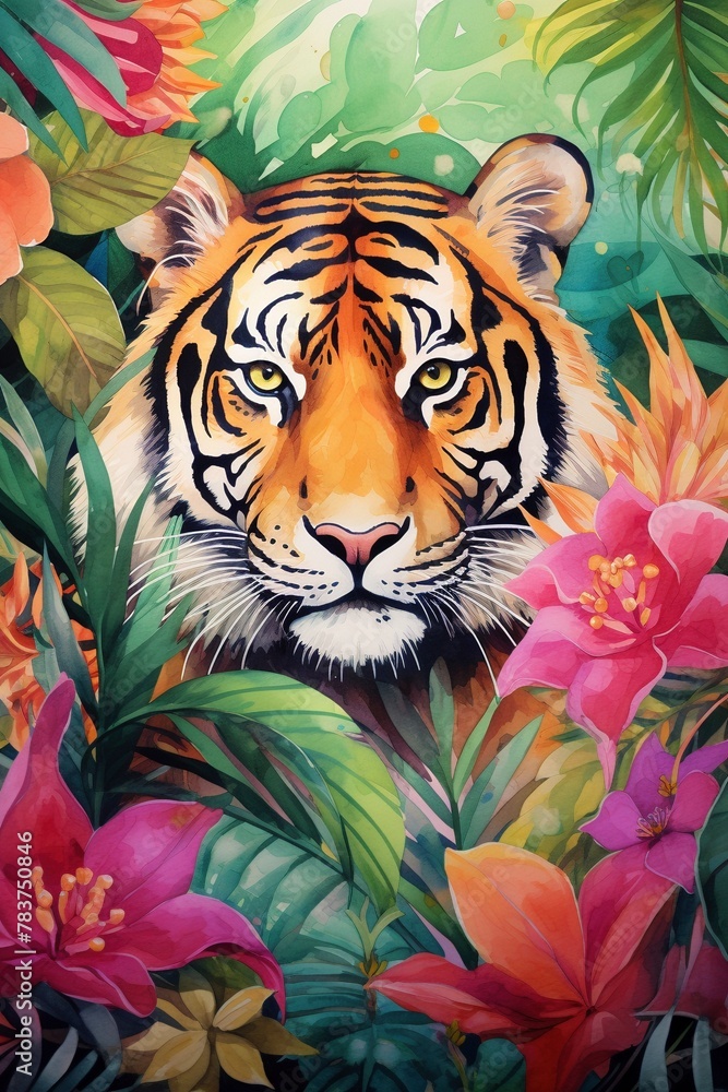 Tiger in the jungle, colorful watercolor illustration