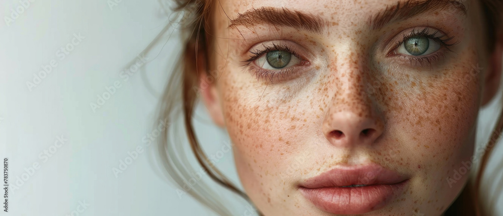 Face of attractive teenage girl without makeup with good skin, beautiful blue eyes and few freckles is looking at the front camera Face of attractive teenage girl without makeup with good skin, beautiful blue eyes and few freckles is looking at the front camera