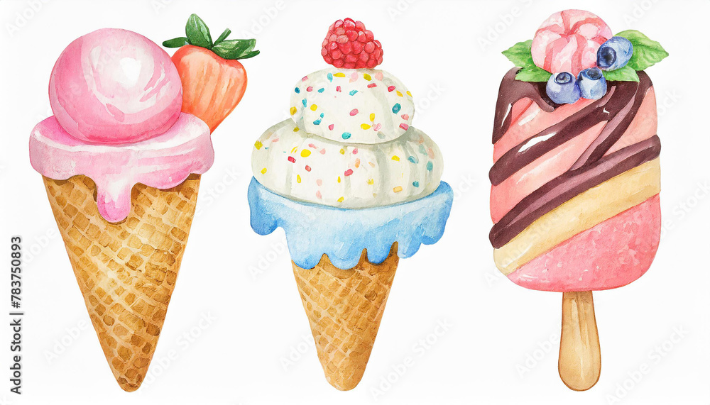 Watercolor style illustration of cute 3 ice-creams, kawaii art, isolated on white. Tasty dessert. Watercolor style illustration of cute 3 ice-creams, kawaii art, isolated on white. Tasty dessert.