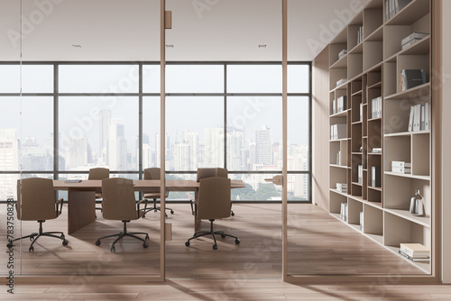 Beige glass office room interior with meeting board and shelf  panoramic window