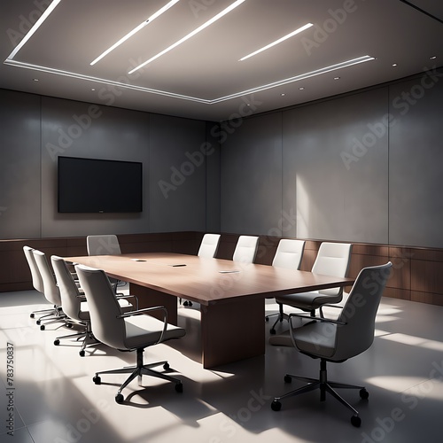  The space appears unused and quiet in an empty conference room featuring a table and chairs. 
