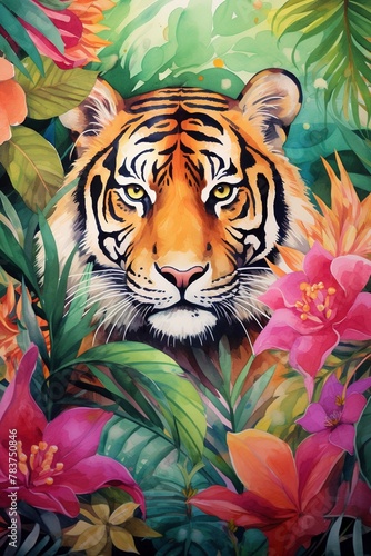 Tiger in the jungle  colorful watercolor illustration