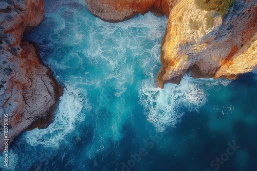 Dramatic aerial shot of rugged cliffs meeting the crashing, foamy waves of a vibrant azure sea