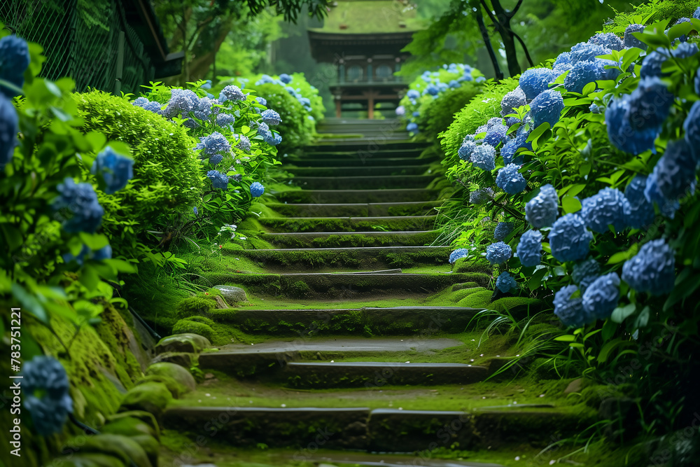 Hydrangea stairs leading to the temple gate generated by AI - obrazy, fototapety, plakaty 
