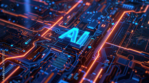 Artificial Intelligence chip with words AI in the center against a background of highly detailed futuristic electronic circuit boards glowing blue and orange created with Generative AI Technology