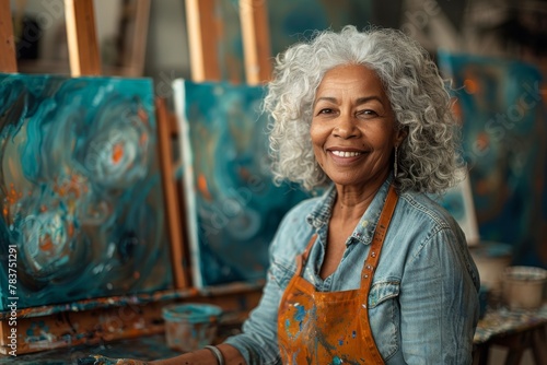An elderly woman with silver hair, smiling brightly, stands in front of her colorful abstract paintings in an art studio