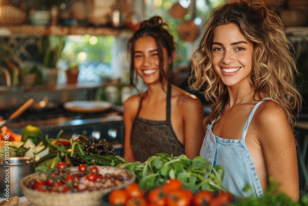 Two joyful women with radiant smiles prepare food together in a colorful, well-stocked kitchen