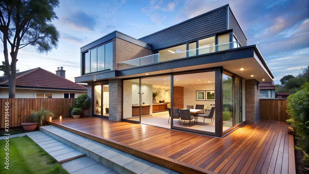Renovated Home Extension Incorporates Deck, Patio, and Courtyard for Stylish Living Spaces. Renovated Home Extension Incorporates Deck, Patio, and Courtyard for Stylish Living Spaces.