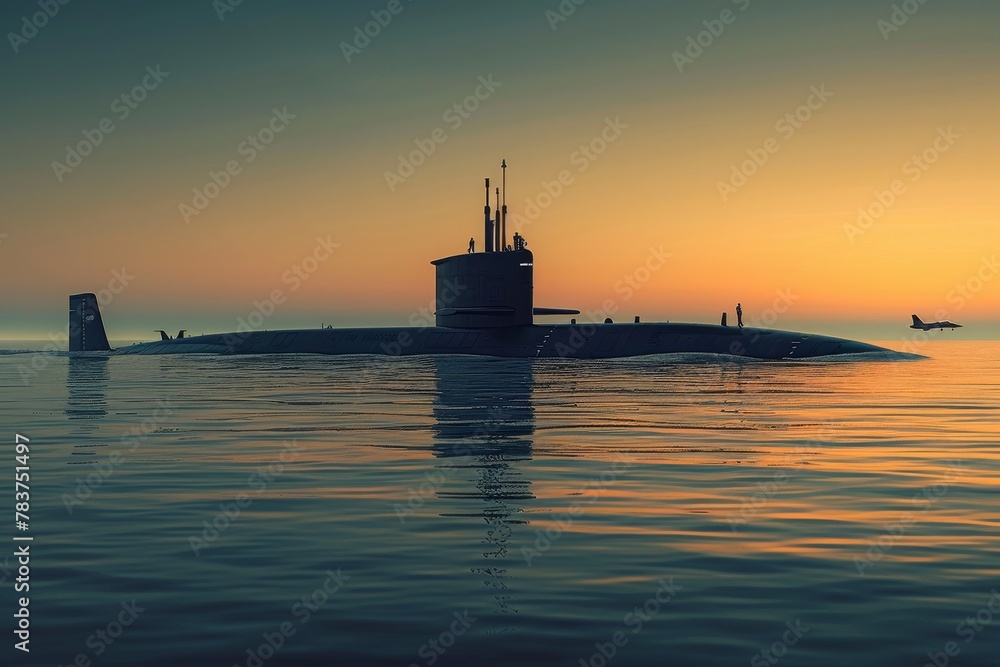 A tranquil scene as a submarine calmly surfaces at sunrise, the sky and sea painted with hues of orange and purple