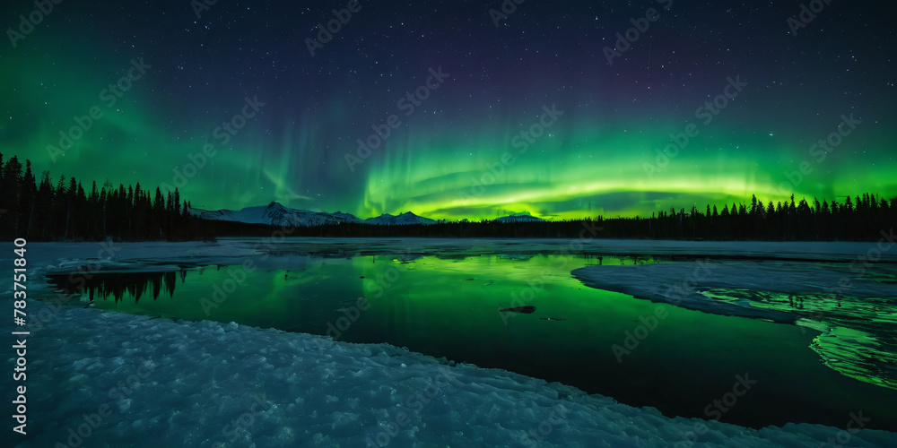 Double Dose of Aurora. The vibrant ribbons of the aurora borealis dance across the night sky, mirrored perfectly in the still water below.