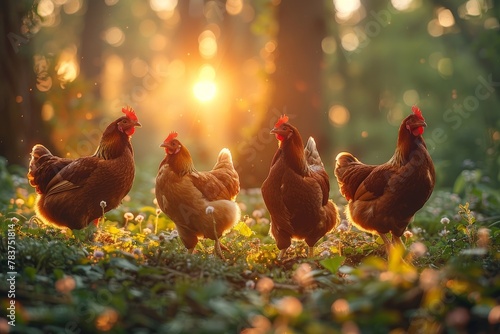 A serene composition of a group of chickens basking in the soft, golden light of a forest sunset photo