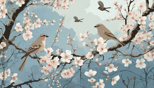 Sparrow Serenade: Cherry Blossom Branches in Chinoiserie Splendor"