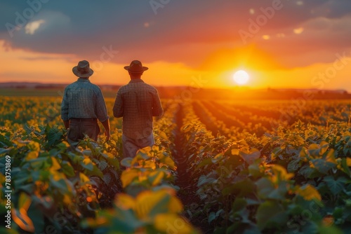 A contemplative moment captured as two farmers observe the growth of their soybean crops under the breathtaking colors of sunset photo