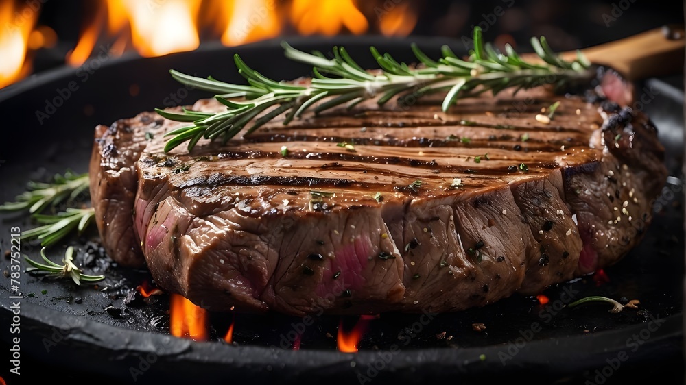 A perfectly grilled steak with grill marks topped with rosemary on a sizzling hot plate