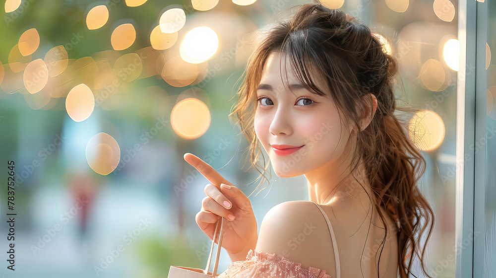 Happy Pastel girl asian cute in dress fvibrant portrait with shopping bag pointing finger at blank space area for copy space.