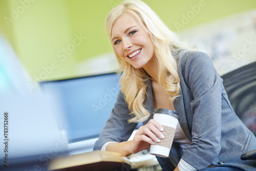 Woman  office and happy employee in desk as hr manager with coffee for break and relax. Portrait  female person and smile with commitment for job  career growth and opportunity in start up company