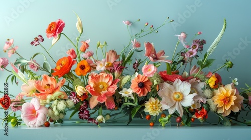 Colorful floral arrangement on turquoise background