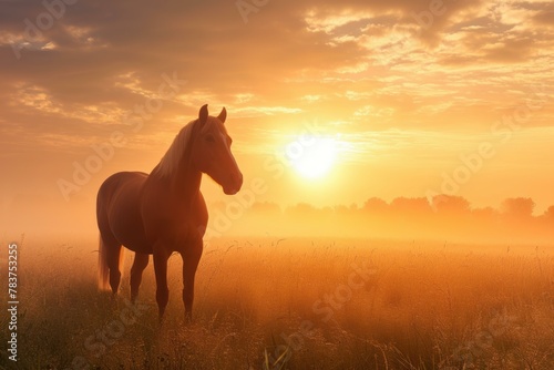 Beautiful mystical horse on sunrise field view. Fabled stallion on enchanting hills nature. Generate ai