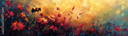 Vibrant, abstract oil painting of a bee and flowers in red, black, gold, and yellow, using a palette knife, on a dynamic background with intense lighting and colorful highlights photo