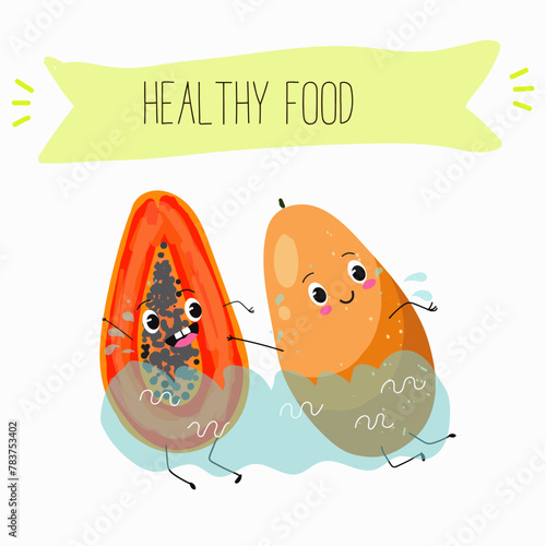 Cute papaya, pitahaya characters, funny fruits, characters with different activities. Flat vector illustration. Organic food, healthy food, illustrations for kids menu, invitations.