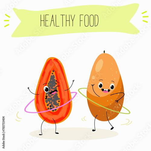 Cute papaya, pitahaya characters, funny fruits, characters with different activities. Flat vector illustration. Organic food, healthy food, illustrations for kids menu, invitations.
