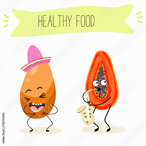 Cute papaya, pitahaya characters, funny fruits, characters with different activities. Flat vector illustration. Organic food, healthy food, illustrations for kids menu, invitations.