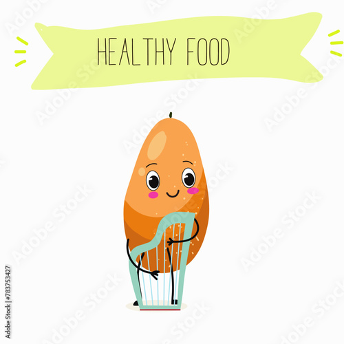 Cute papaya, pitahaya characters, funny fruits, characters with different activities. Flat vector illustration. Organic food, healthy food, illustrations for kids menu, invitations.