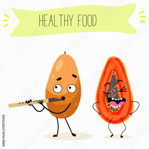 Cute papaya, pitahaya characters, funny fruits, characters with different activities. Flat vector illustration. Organic food, healthy food, illustrations for kids menu, invitations.