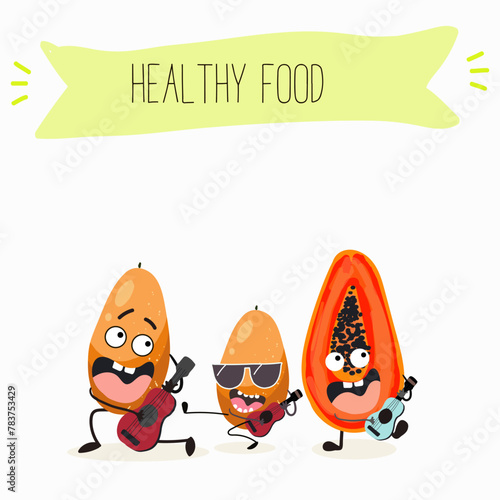 Cute papaya, pitahaya characters, funny fruits, characters with different activities. Flat vector illustration. Organic food, healthy food, illustrations for kids menu, invitations.