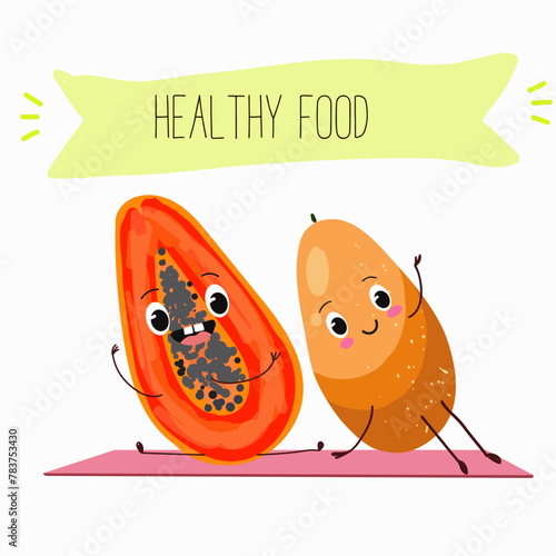 Cute papaya, pitahaya characters, funny fruits, characters with different activities. Flat vector illustration. Organic food, healthy food, illustrations for kids menu, invitations.