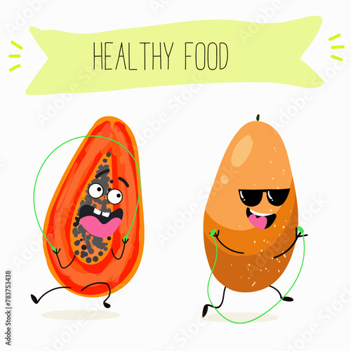 Cute papaya, pitahaya characters, funny fruits, characters with different activities. Flat vector illustration. Organic food, healthy food, illustrations for kids menu, invitations.