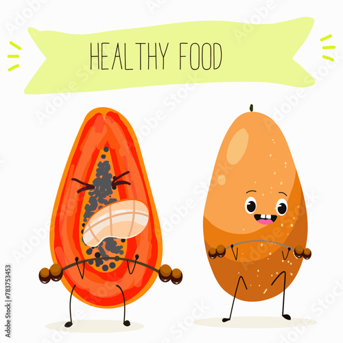Cute papaya, pitahaya characters, funny fruits, characters with different activities. Flat vector illustration. Organic food, healthy food, illustrations for kids menu, invitations.