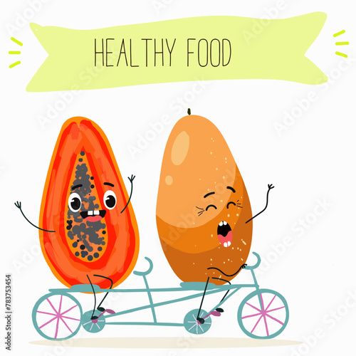 Cute papaya, pitahaya characters, funny fruits, characters with different activities. Flat vector illustration. Organic food, healthy food, illustrations for kids menu, invitations.