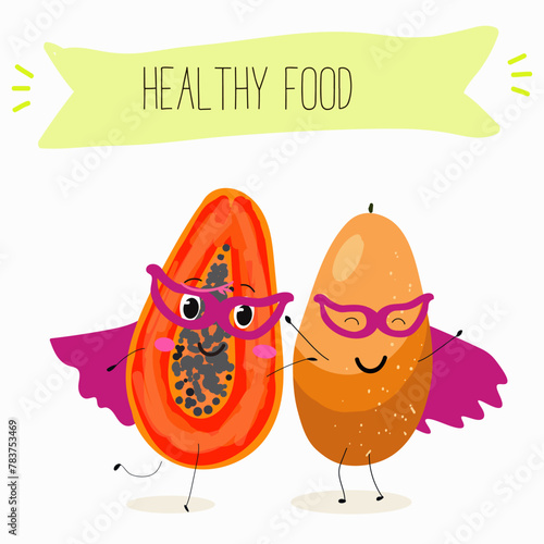 Cute papaya, pitahaya characters, funny fruits, characters with different activities. Flat vector illustration. Organic food, healthy food, illustrations for kids menu, invitations.