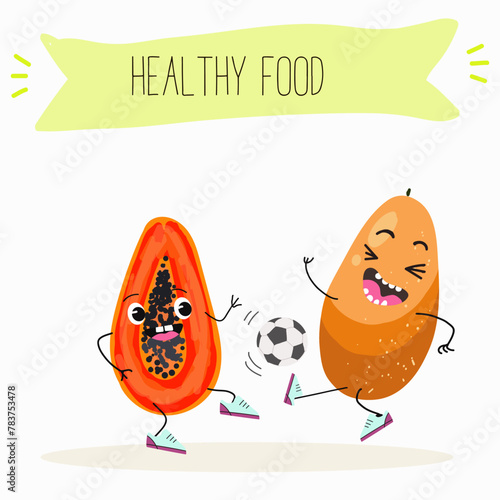 Cute papaya, pitahaya characters, funny fruits, characters with different activities. Flat vector illustration. Organic food, healthy food, illustrations for kids menu, invitations.