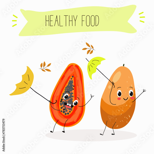 Cute papaya, pitahaya characters, funny fruits, characters with different activities. Flat vector illustration. Organic food, healthy food, illustrations for kids menu, invitations.