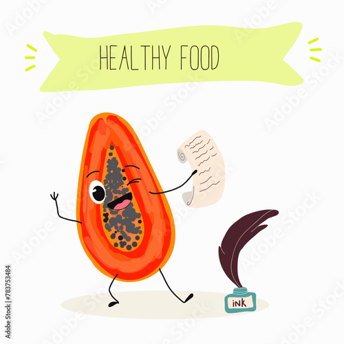 Cute papaya, pitahaya characters, funny fruits, characters with different activities. Flat vector illustration. Organic food, healthy food, illustrations for kids menu, invitations.