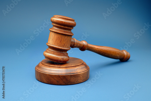 Wooden gavel on a light blue background.